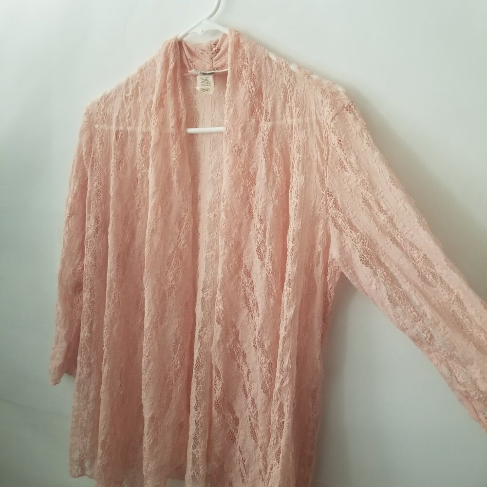 Vtg Keren Hart Women M Peach Lace Knit 3/4 Long Sleeve Lightweight Open Cardigan - Picture 3 of 13